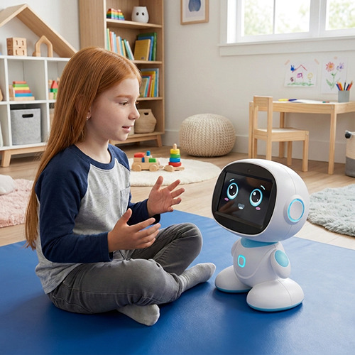 The blue STEM learning robot with its touchscreen face and microphone