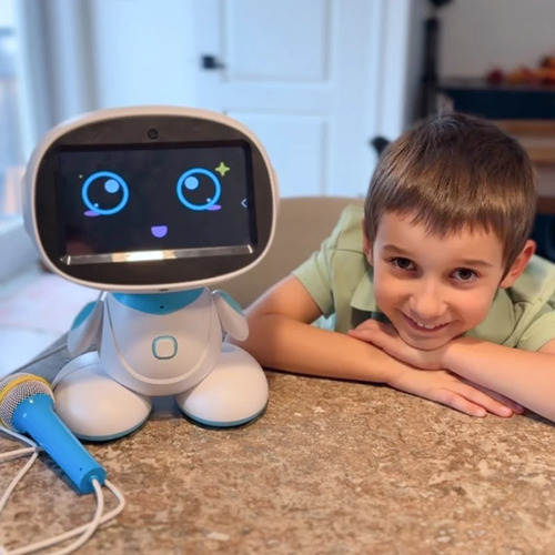 The blue STEM learning robot with its touchscreen face and microphone