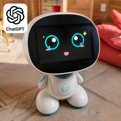 The blue STEM learning robot with its touchscreen face and microphone