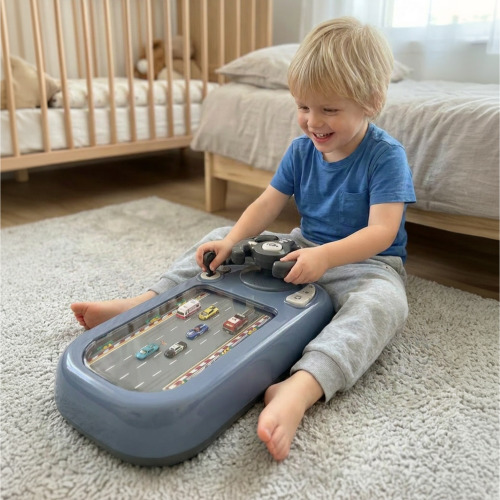 TurboRace Interactive Game Set racing console with steering wheel and gear shift on a table