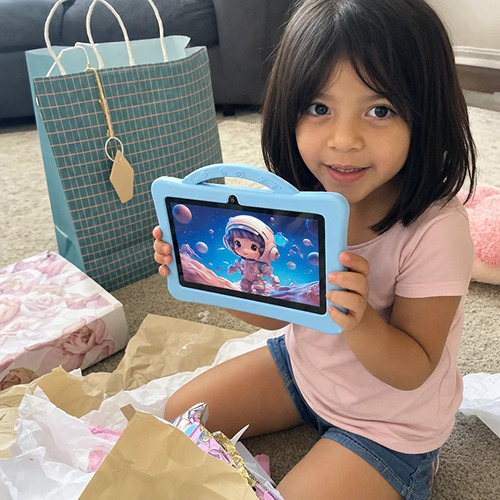 The blue STEM SuperPad learning tablet in its astronaut case with handle