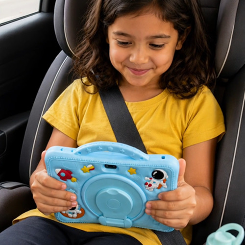 The blue STEM SuperPad learning tablet in its astronaut case with handle