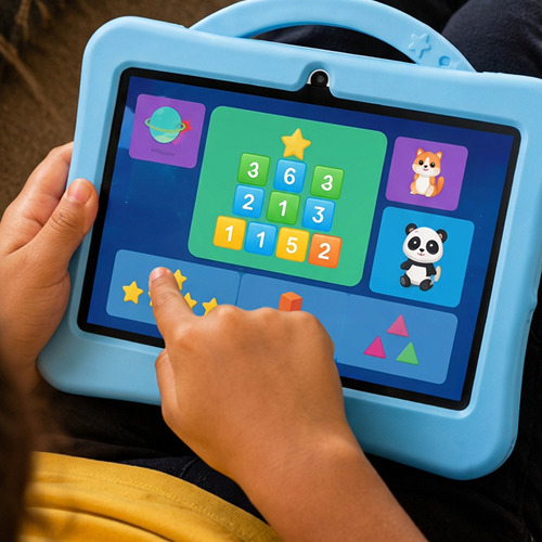 The blue STEM SuperPad learning tablet in its astronaut case with handle