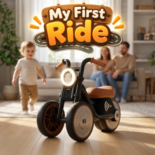 The Tiny Biker ride-on motorcycle in Knight Black, side view