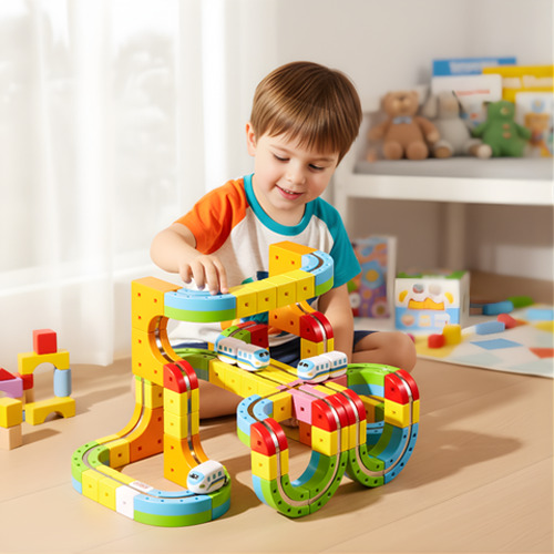 Rainbow magnetic track pieces assembled into a loop with the electric track car on it