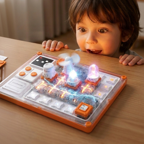 The STEM Circuit Puzzle Board with its snap-together blocks laid out on a table