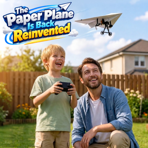 The RC Paper Airplane power module clipped to a folded paper plane beside its remote
