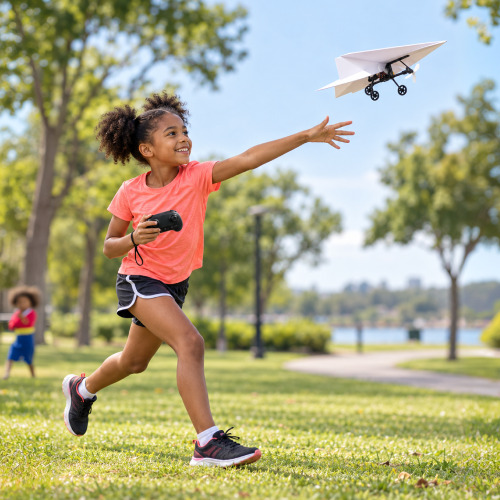 The RC Paper Airplane power module clipped to a folded paper plane beside its remote