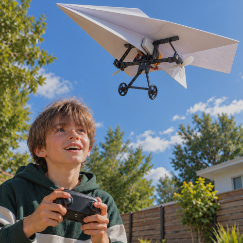 The RC Paper Airplane power module clipped to a folded paper plane beside its remote