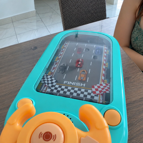 Close-up of the TurboRace steering wheel and speed controls