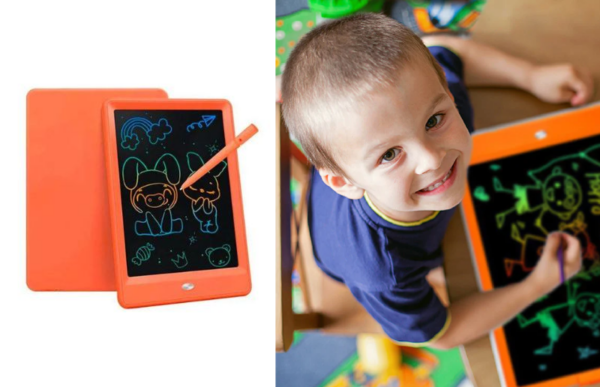 a grandson drawing on the lcd tablet