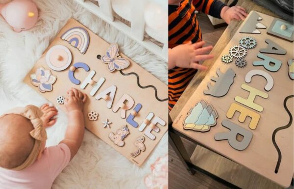 grandkids playing with the custom name montessori wooden board