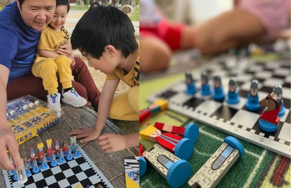 kids playing with the educational wooden cartoon chess set