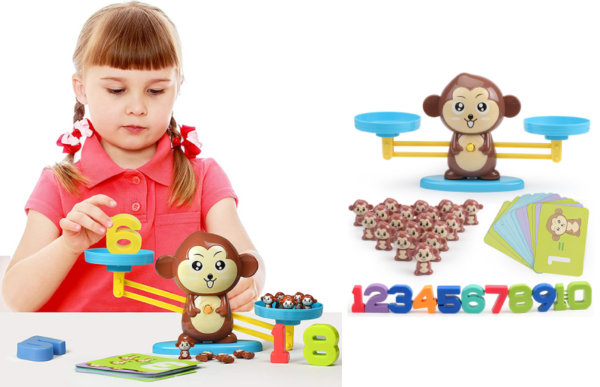 a granddaughter playing with the balance math game with pet figurines