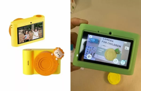 cartoon touch screen digital camera in yellow and green