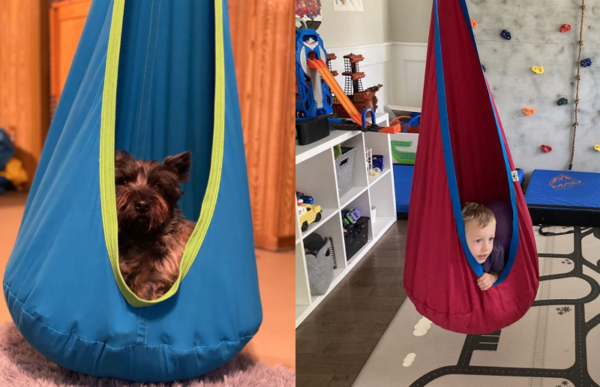 a kid and a dog inside the cozy cocoon hanging hammock