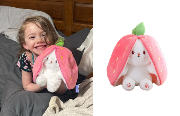 a granddaughter cuddling in bed with the fruity bunny