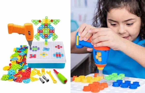 a young girl playing with the drill-n-build interactive toy