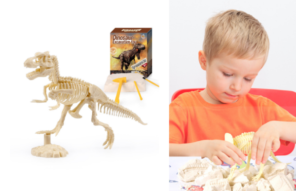 a young boy playing with the educational dinosaur excavation toy