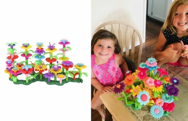 granddaughters playing with the educational garden building flower toy