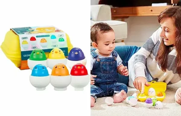 mom and son playing with the interactive hide and squeak eggs