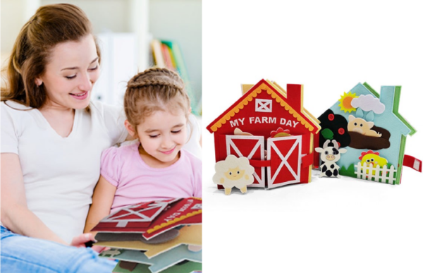 mom and daughter using the kids montessori interactive my farm day book