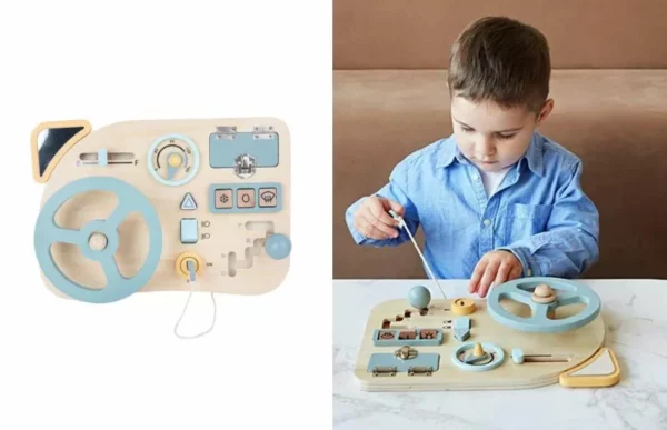 a young boy playing with the little driver montessori activity board