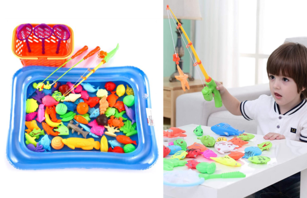 a grandson playing with the magnetic fishing pool game