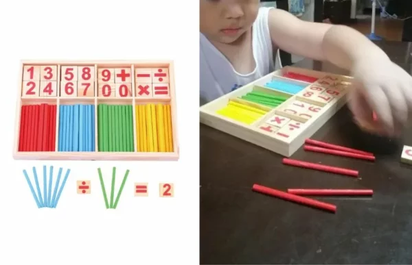 a grandson playing with the math wooden counting sticks