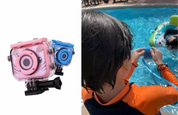 a young boy using the mini kids high quality sports camera in the pool