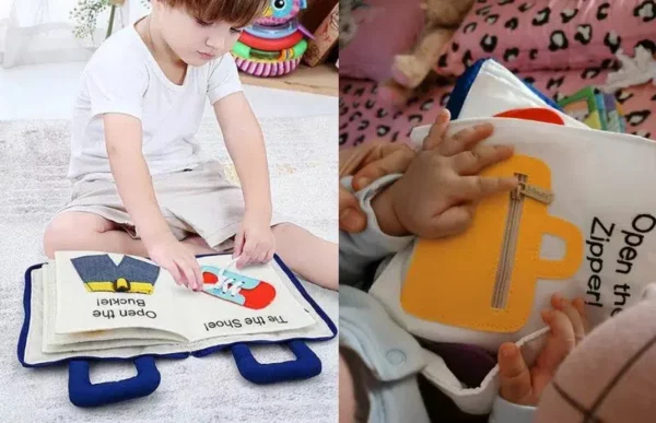 kids playing with the my first portable fun activity learning montessori book