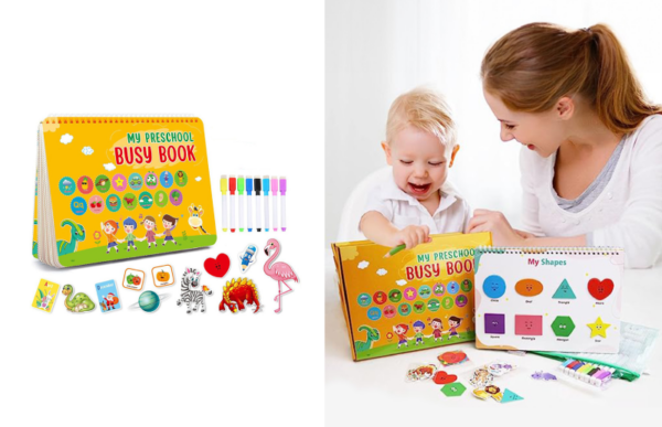 mother and son using the sticky smart activity book