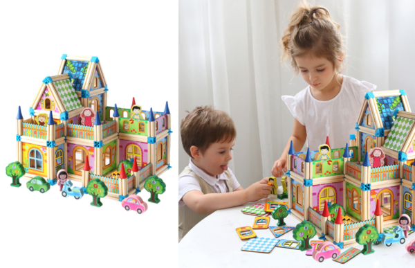 grandson and granddaughter playing with the wooden building blocks castle