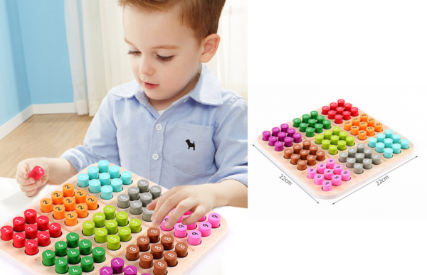 a grandson playing with the wooden sudoku color and number memory board