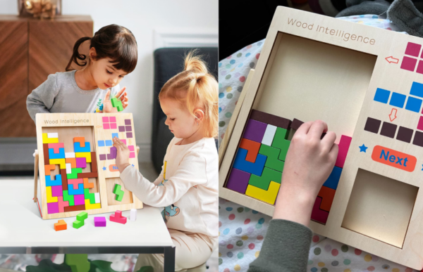 grandchildren playing with the wooden tetris brain teaser